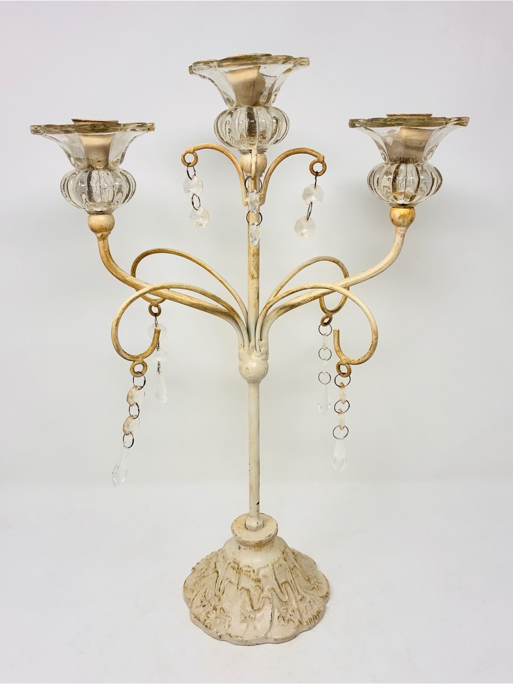 Vintage White Metal 3 Arm Candelabra Hanging Crystal-Style Drop Beads 16” Tall